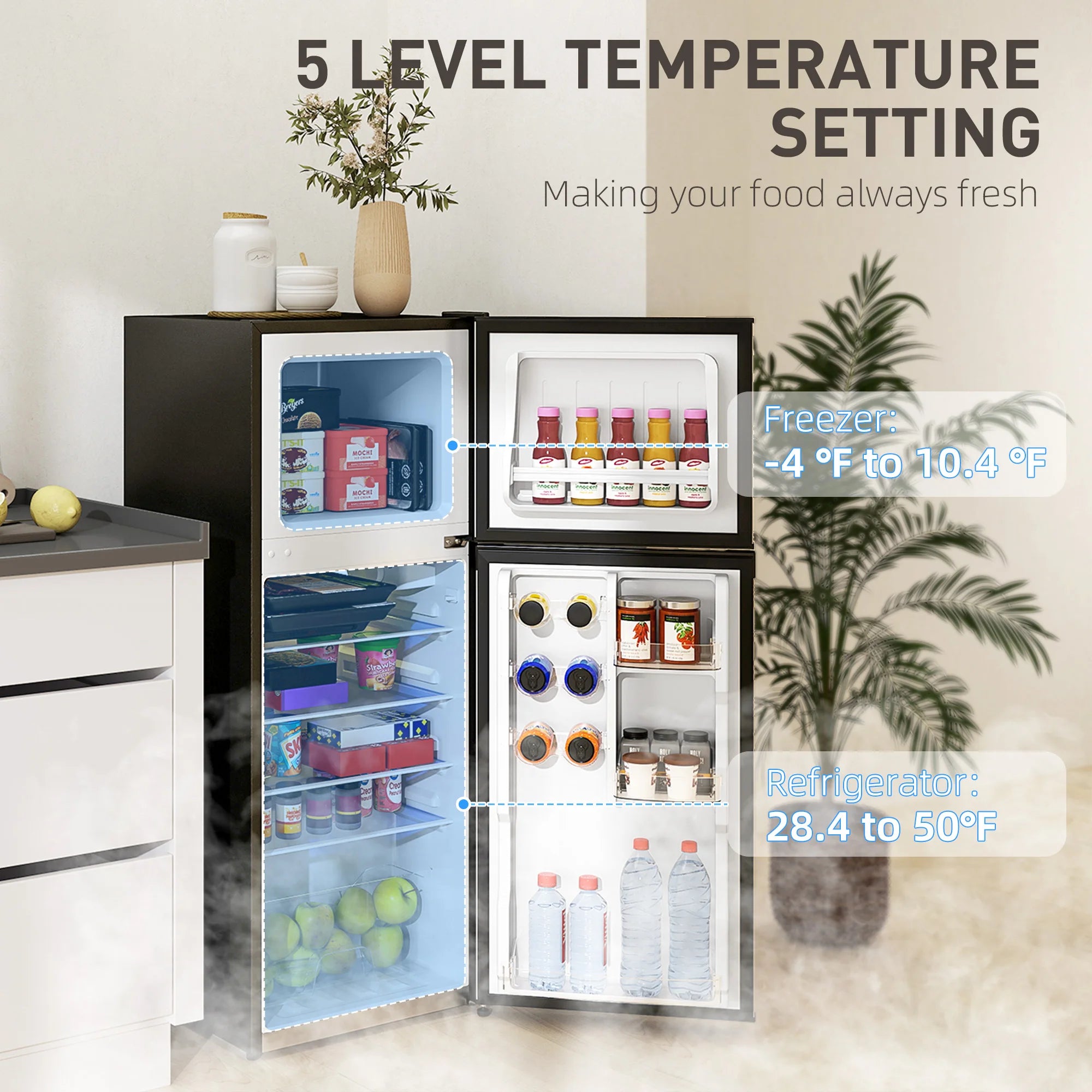 Black & Silver 2 Door Mini Fridge with Freezer, Compact Refrigerator (-4℉~10.4℉ Freezer & 28.4℉~50℉ Fridge), for Bedroom, Dorm, Office, Apartment, Keep Food & Drinks Fresh